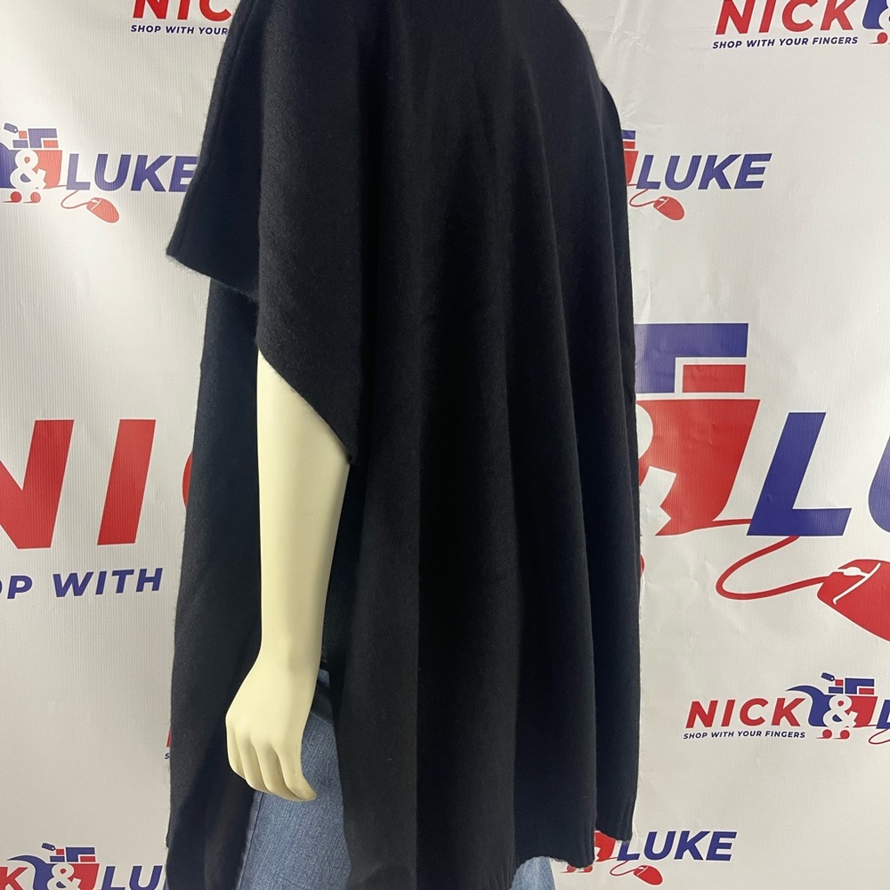 Naadam ladies sweater. Open front black poncho with ribbed collar/ shawl